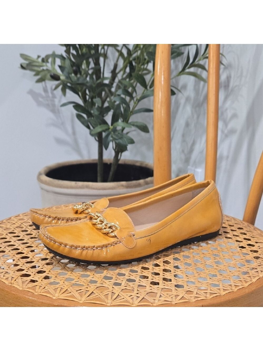Stuart Weitzman Mustard Patent Leather Loafers with Gold Chain
